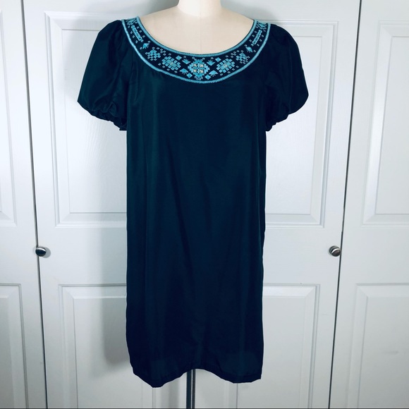 Tory Burch Silk Embroidered Puff Short Sleeves Sheath Black Lined Dress Size 14 - Picture 10 of 16